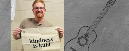  Sunset Middle teacher Michael Kuhl holding a "Kindness is Kuhl" sign.